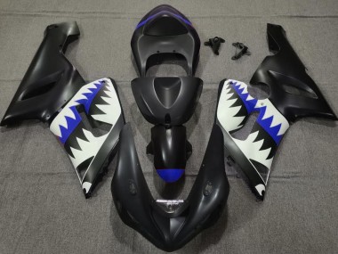 2005-2006 Matte Black and Blue Shark Kawasaki ZX6R Fairings