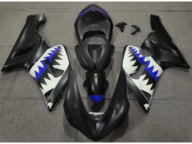2005-2006 Matte Black and Blue Shark Kawasaki ZX6R Fairings 2005-2006 Matte Black and Blue Shark Kawasaki ZX6R Fairings