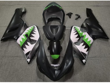 2005-2006 Matte Black and Green Shark Kawasaki ZX6R Fairings