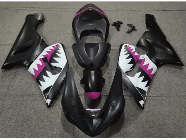2005-2006 Matte Black and Pink Shark Kawasaki ZX6R Fairings 2005-2006 Matte Black and Pink Shark Kawasaki ZX6R Fairings