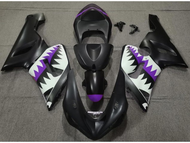 2005-2006 Matte Black and Purple Shark Kawasaki ZX6R Fairings