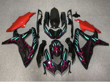 2008-2010 Red and Cyan Flame Suzuki GSXR 600-750 Fairings